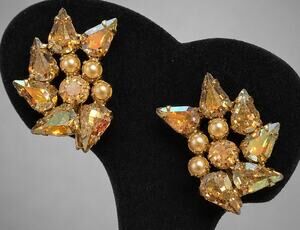 Vintage b David Ab Rhinestone Faux Pearl Clip-on Earrings 1 In Mid-Century wc-49